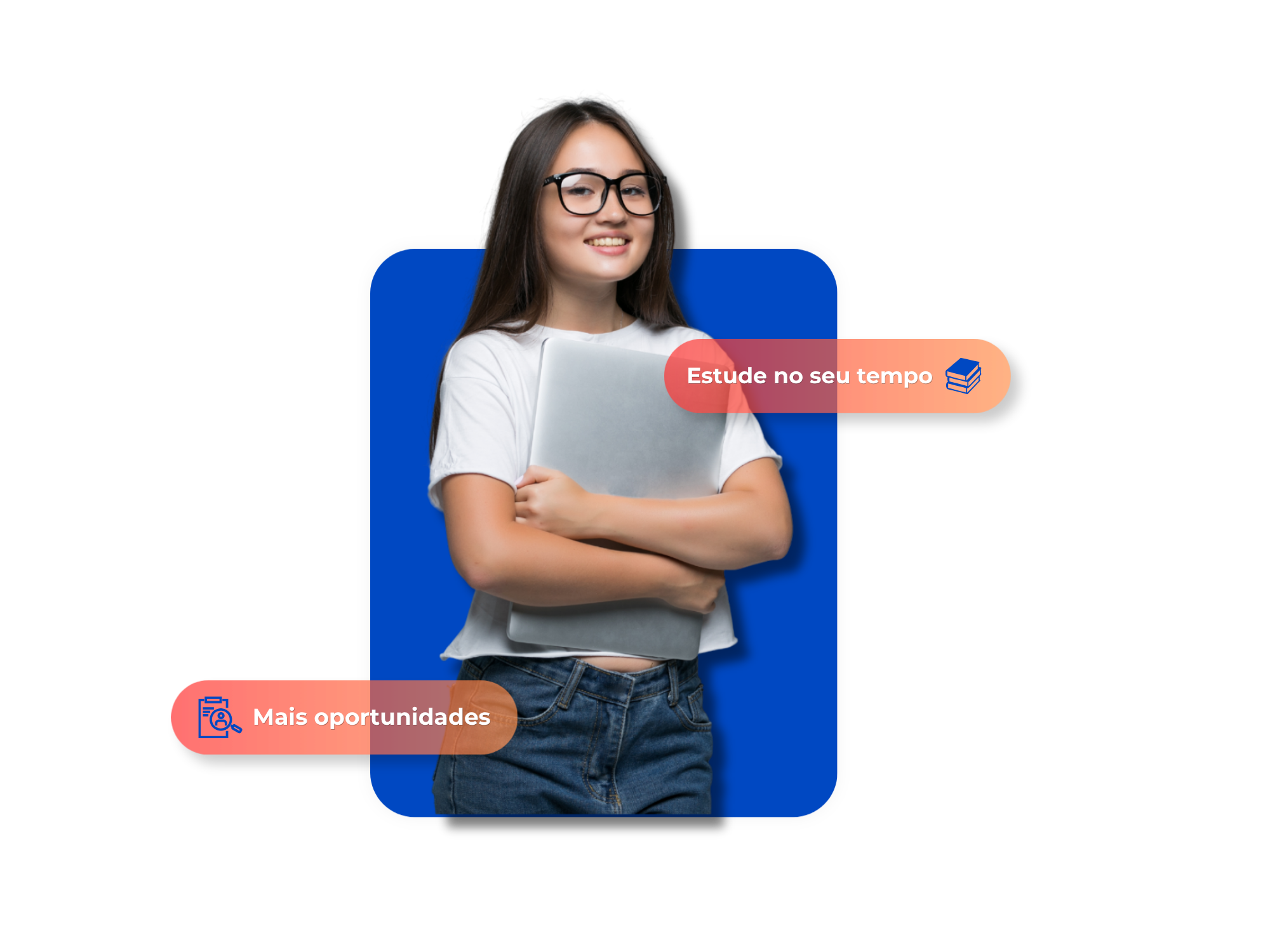 Estudante sorrindo, segurando um notebook, com mensagens sobre estudo e oportunidades